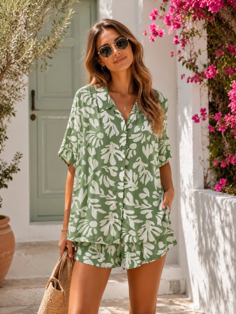 Miss Sparkling Viscose Tropical Leaf Print Button Front Shirt & Shorts Set